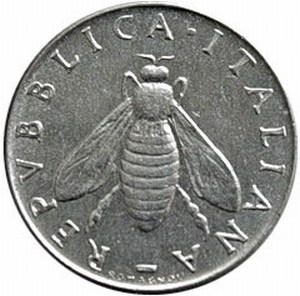 Пчела на монете 2 лиры Италия